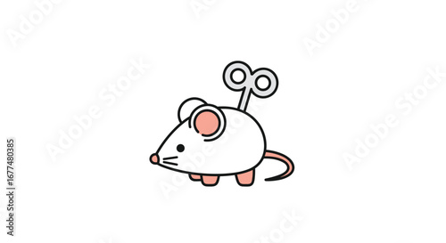 Cute wind up toy mouse with key on its back walking playfully across white background