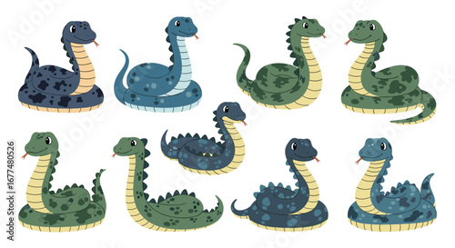 Collection of cute pixelated snakes with various patterns and colors for wildlife art projects