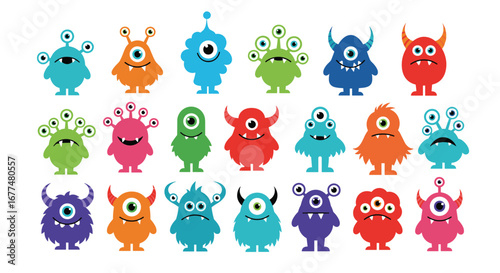 Collection of colorful cute cartoon monsters with various eyes and horns having fun together