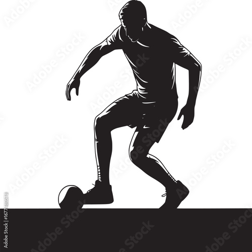 Silhouette of a soccer player dribbling a ball in black and white with a minimalist design style