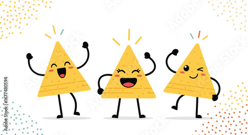 Happy triangles dancing and celebrating with joyful expressions and sparkles