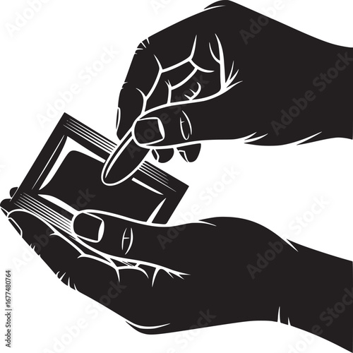 Illustration of two hands holding a small black and white packet with a simple design on the front