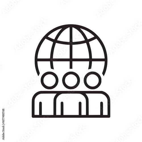 Outline icon of three people with a globe above them representing global teamwork and collaboration concept