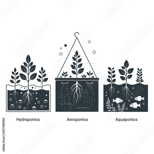 Illustrations of three soilless cultivation methods: hydroponics, aeroponics, and aquaponics, showing plants and their root systems.