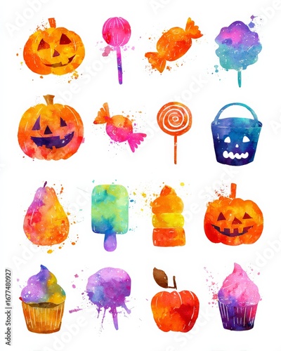 Colorful watercolor illustrations of Halloween-themed items including pumpkins, candy, and desserts.