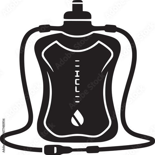 A black and white graphic illustration of a hydration pack with a tube and a water drop icon