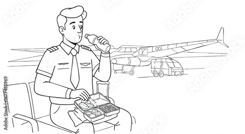Airline pilot taking a meal break in the airport terminal before a flight, with an airplane on the tarmac in the background