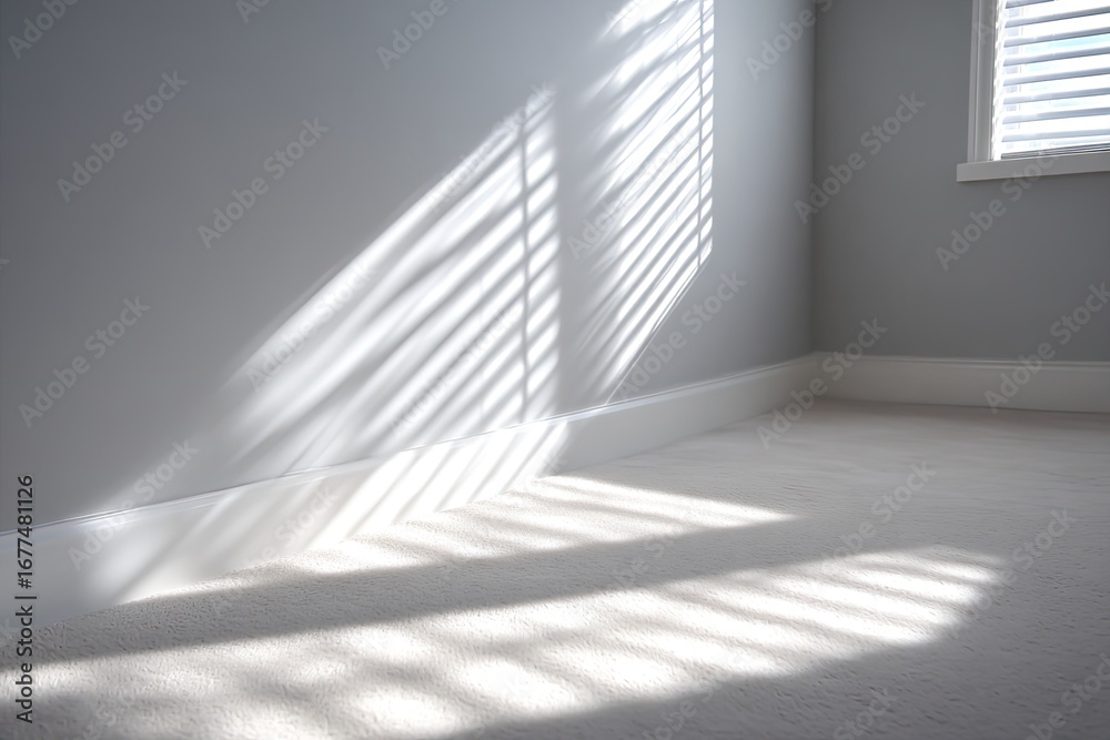 Obraz premium Sunlight streams through blinds, casting shadows on a carpeted floor
