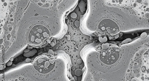 Detailed grayscale electron micrograph revealing the intricate porous structure of a microscopic organism or material, showcasing interconnected cellular patterns