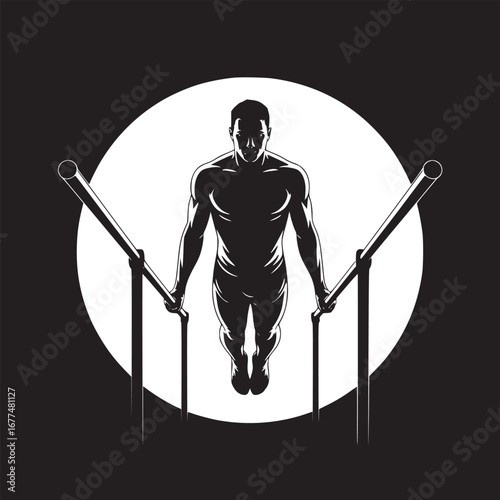 A silhouette of a muscular man doing a dip on parallel bars against a white circle background