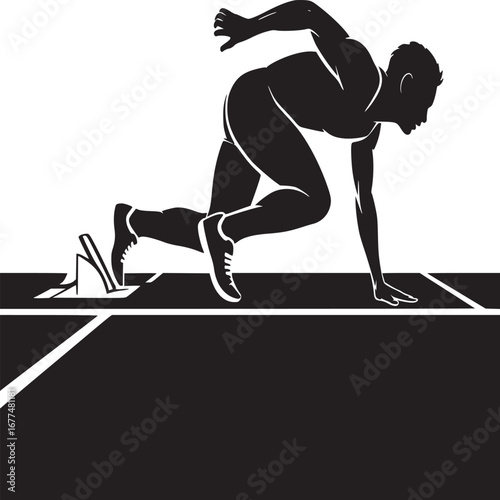 A black and white silhouette of a runner in starting position on a track ready to sprint forward