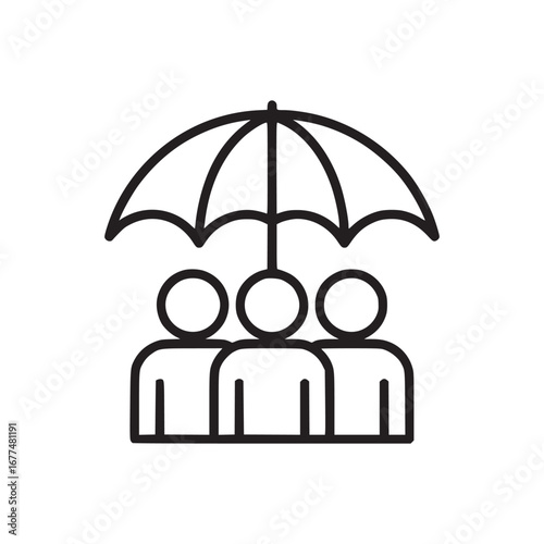 A minimalist line drawing of three people standing under a protective umbrella on a white background
