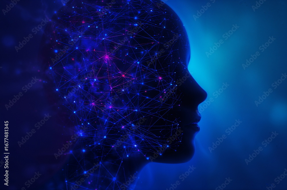 Fototapeta premium Artificial Intelligence Human Head Silhouette With Neural Network Connections And Glowing Data Nodes
