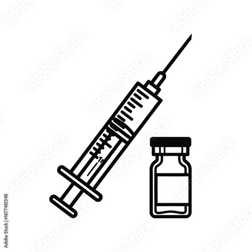 A medical syringe and vaccine vial.