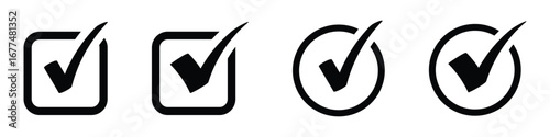 Check mark in box sign. Checkbox icon. Check, check mark vector icon. Tick icon. Filled icon. Set of flat design tick icon. 