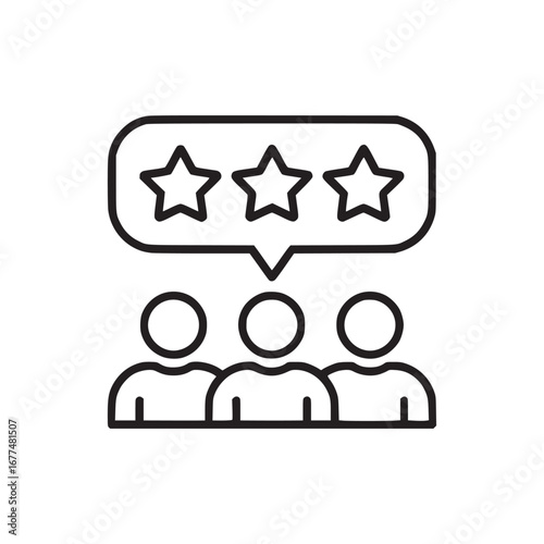 A line drawing of three people with a rating bubble above them showing three stars in the bubble