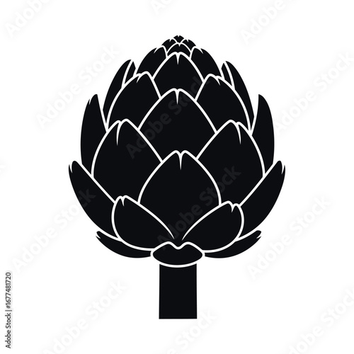 A stylized black and white silhouette of an artichoke with its layered leaves clearly defined.