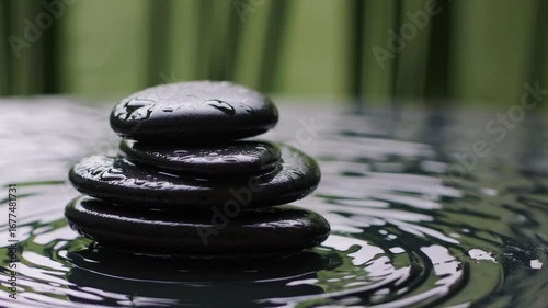 Stacked black stones resting on tranquil water surface, creating gentle ripples, with lush green background enhancing the serene atmosphere of relaxation and mindfulness in a peaceful setting