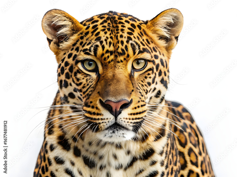 Obraz premium Leopard face close-up symmetrical composition golden eyes soft fur sharp detail wildlife beauty hyperrealistic rendering