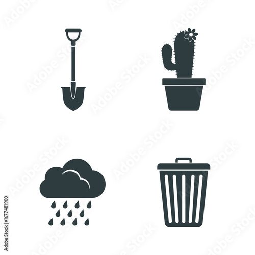Four dark gray icons representing gardening tools, a potted cactus, rain clouds, and a trash can on a white background.
