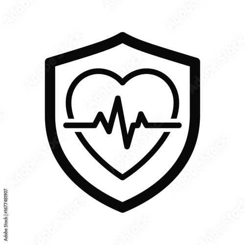 Black and white icon depicting a heart with an electrocardiogram line inside a shield, symbolizing health protection and medical safety.