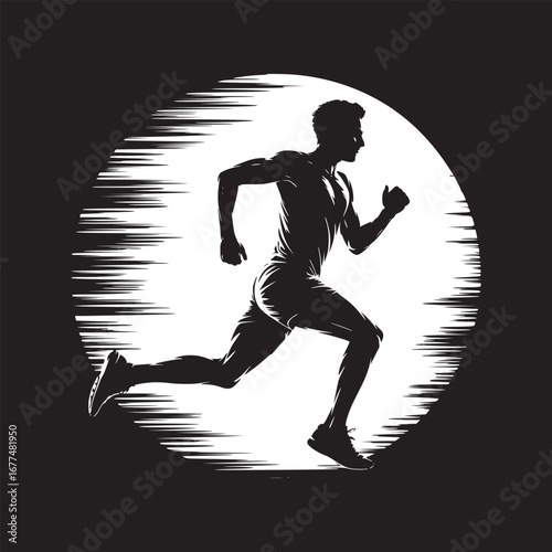 Silhouette of a man running against a white circle with speed lines on a black background art