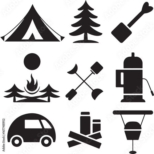 Camping adventure icons set silhouette isolated on transparent background