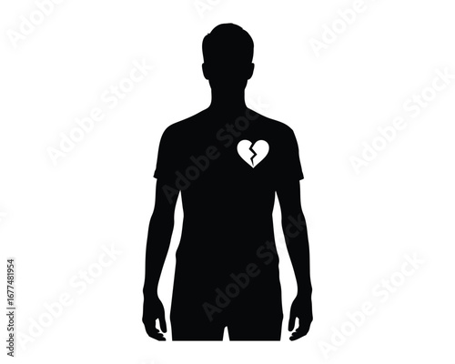 Silhouette of a person with a broken heart symbol on their chest