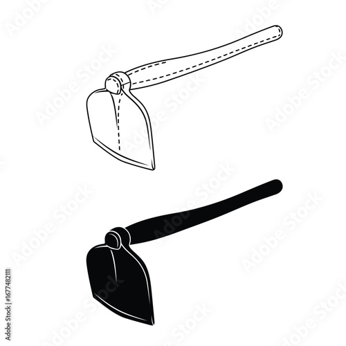Detailed illustration of a hoe, a gardening tool with a wooden handle and metal blade.