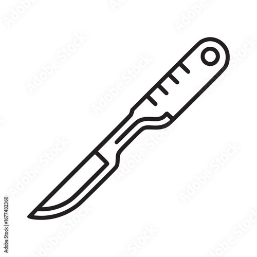 Illustration of a black outline scalpel with a sharp blade and a handle on a white background