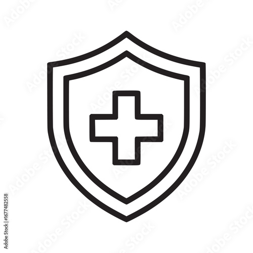 Outline drawing of a medical shield with a cross symbol on a white background in a simple design