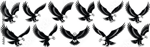 Eagle silhouettes in flight and landing poses, majestic bird of prey vector set for wildlife, tattoo, logo, and design projects