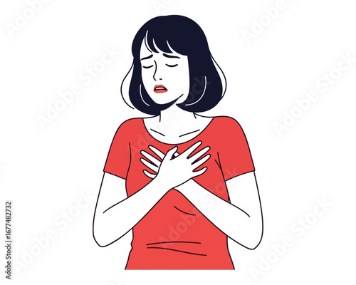 Woman clutches chest in pain or distress with eyes closed