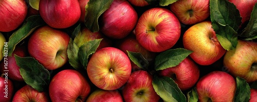 Fresh red apples with green leaves