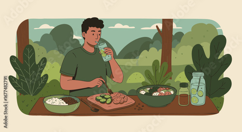 A person enjoying a healthy vegan meal outdoors in a lush green environment with a refreshing drink
