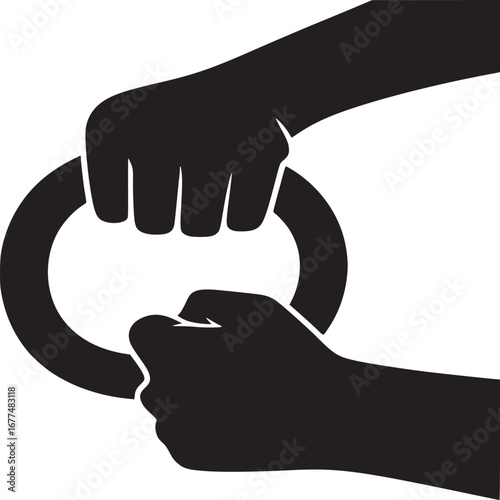 Two hands holding a black ring against a white background in a graphic silhouette style image