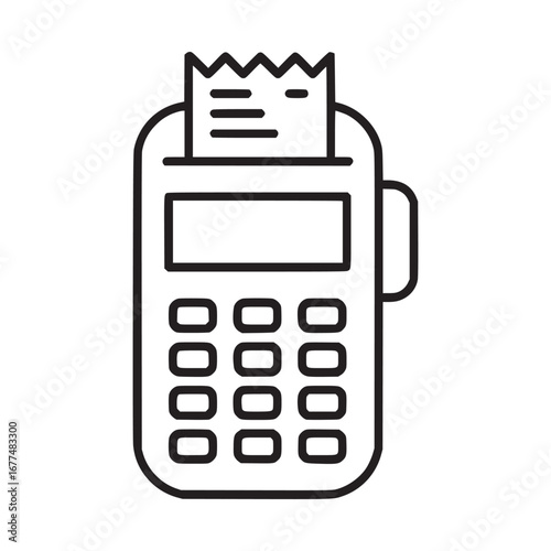 A minimalist line drawing of a point of sale terminal with a receipt on a white background