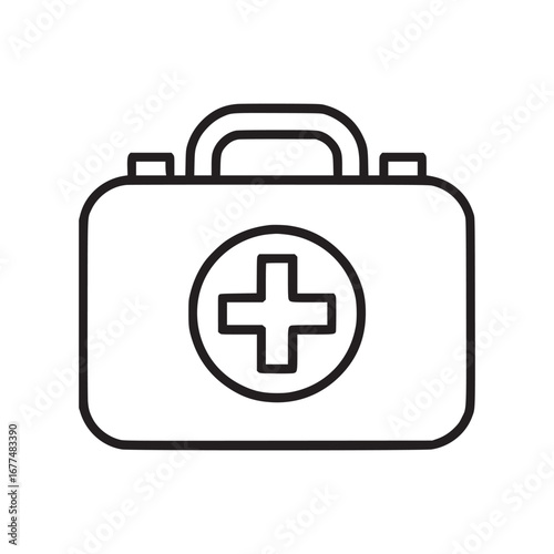 Outline drawing of a first aid kit with a cross in a circle on a white background illustration