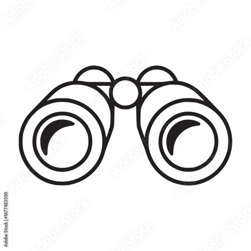 A simple black and white line drawing of binoculars against a plain white background design element
