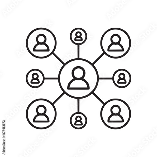 Outline illustration of a network of people connected to a central figure on a white background