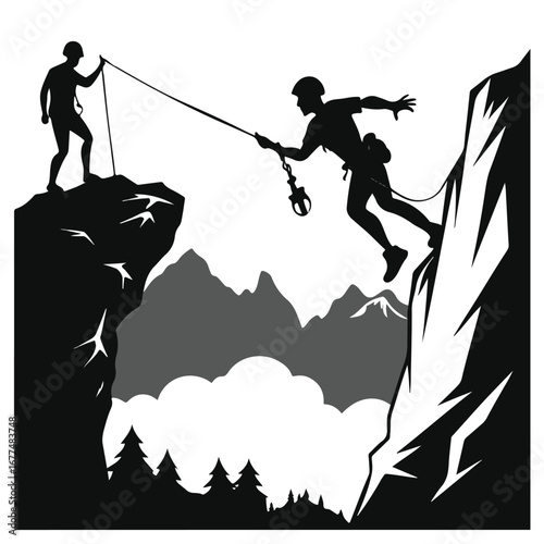Two climbers rappelling and belaying on a steep mountain cliff face, showcasing teamwork and adventure in a dynamic silhouette illustration technology background