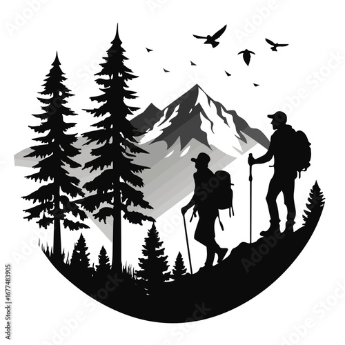 Two hikers with backpacks and poles trekking through a mountainous landscape with pine trees and birds, isolated on white background technology background