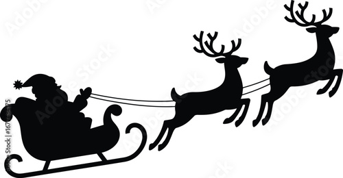 Black silhouette of Santa Claus in sleigh pulled by two reindeer christmas