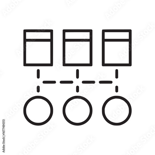Diagram showing three squares connected to three circles with dashed lines on a light background