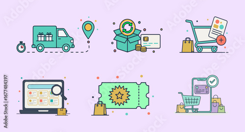  E-commerce illustration set with online shopping, delivery and checkout