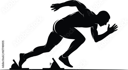 Black silhouette of a male sprinter starting a race on white background athlete running