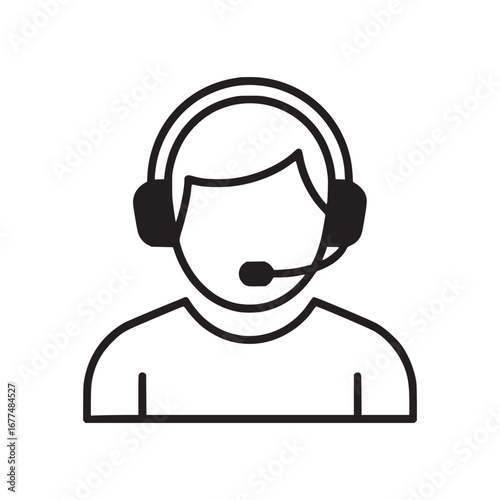 Illustration of a person wearing a headset with a microphone in black and white outline style