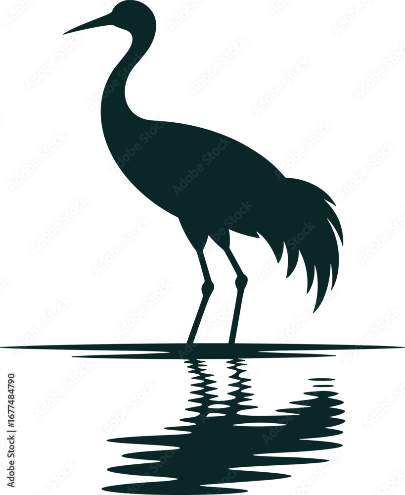 Obraz premium Crane Silhouette Vector Illustration with Water Reflection Design Art
