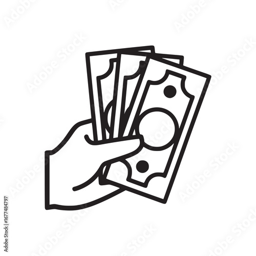 A simplistic line art illustration of a hand holding several paper currency bills in black and white