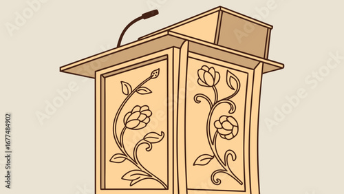 Illustration of a wooden podium with floral designs and a microphone on top for public speaking